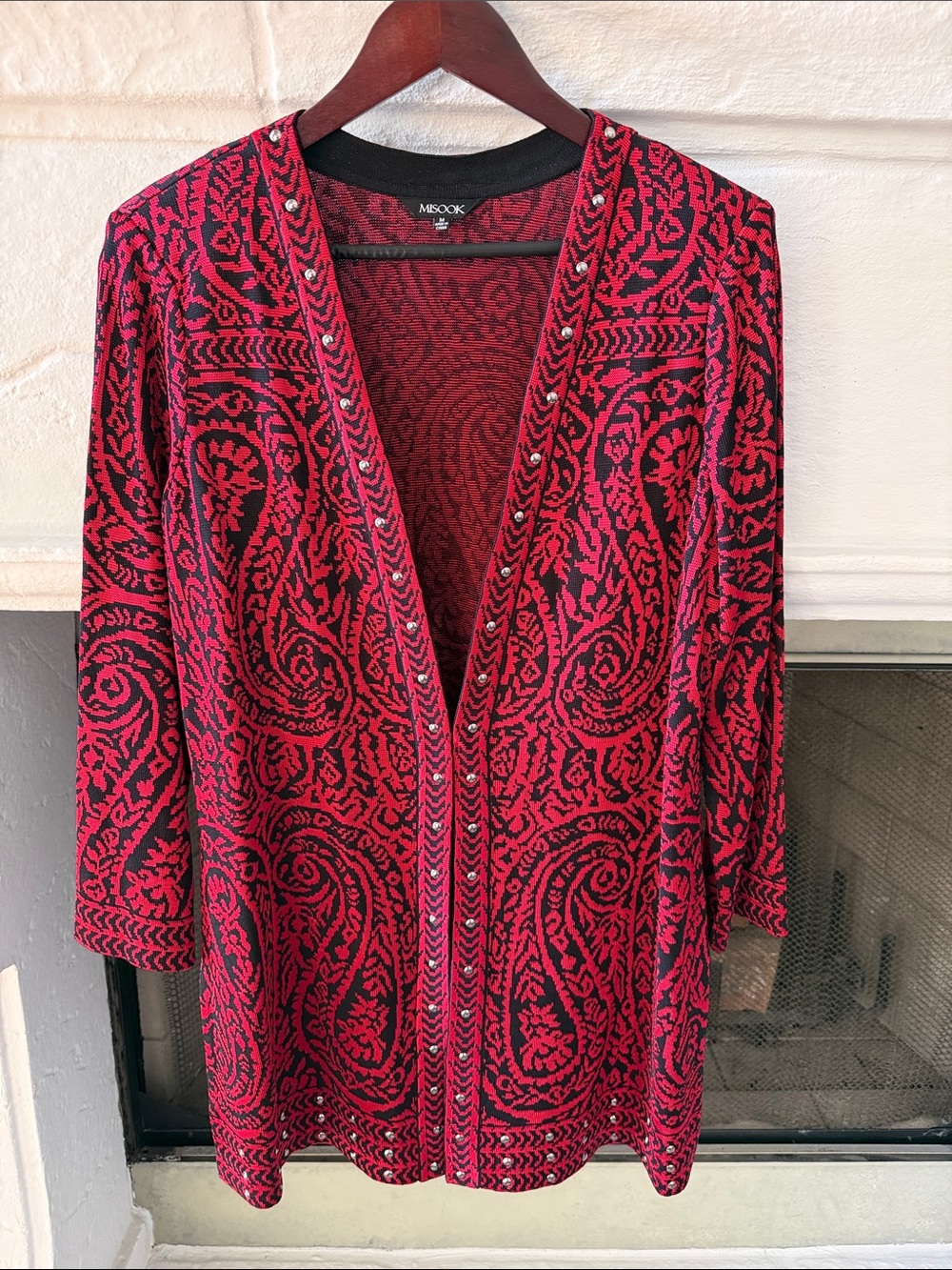 Misook Red and Black Stud-Trim Open Knit Cardigan